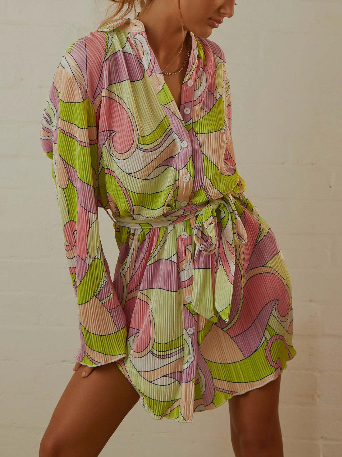 Tied Button Up Long Sleeve Dress - Classique Collection
