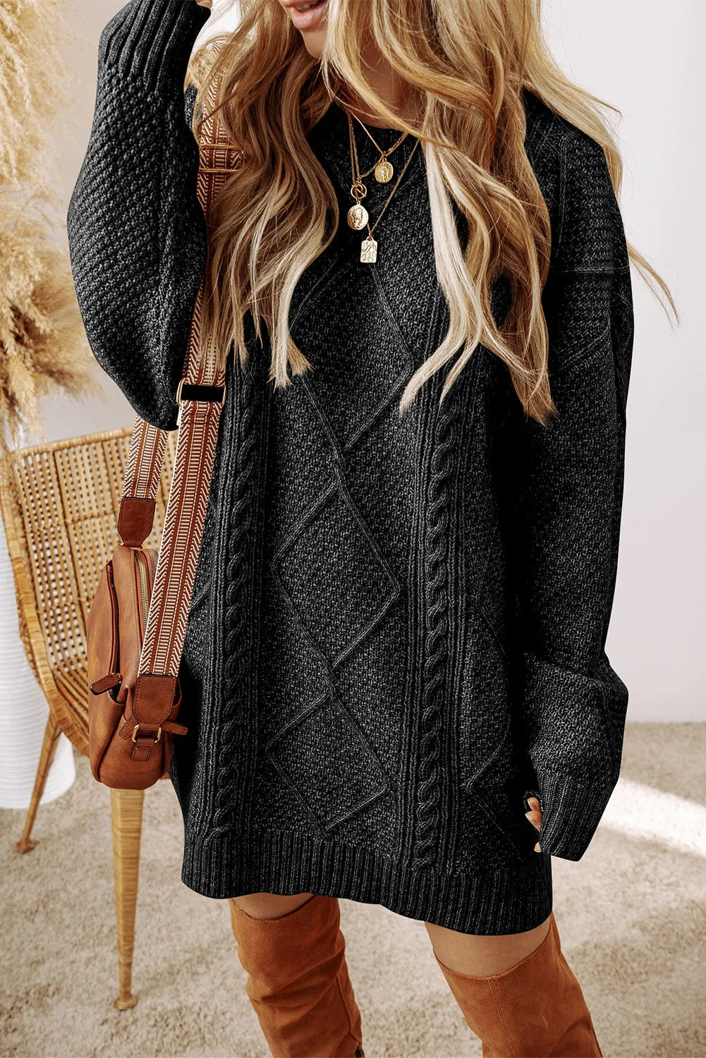 Cable-Knit Round Neck Sweater Dress - Classique Collection