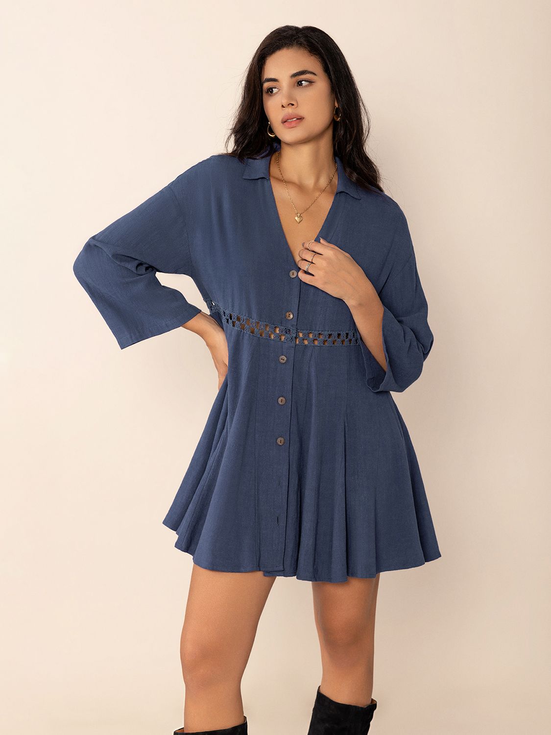 Cutout Johnny Collar Long Sleeve Mini Dress - Classique Collection
