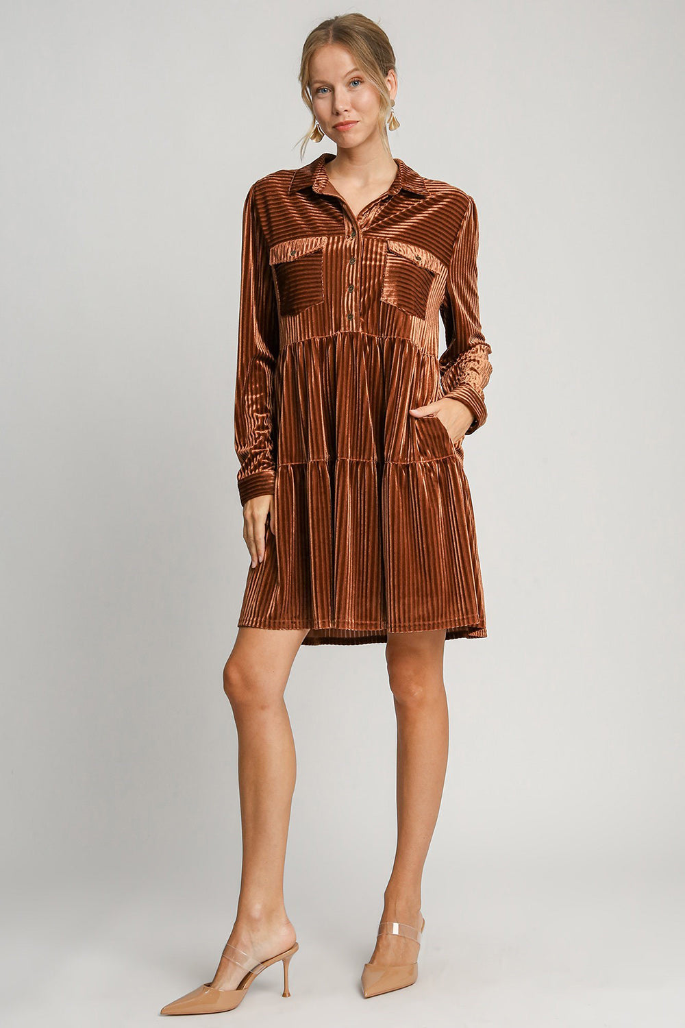 Umgee Texture Tiered Collared Long Sleeve Dress - Classique Collection