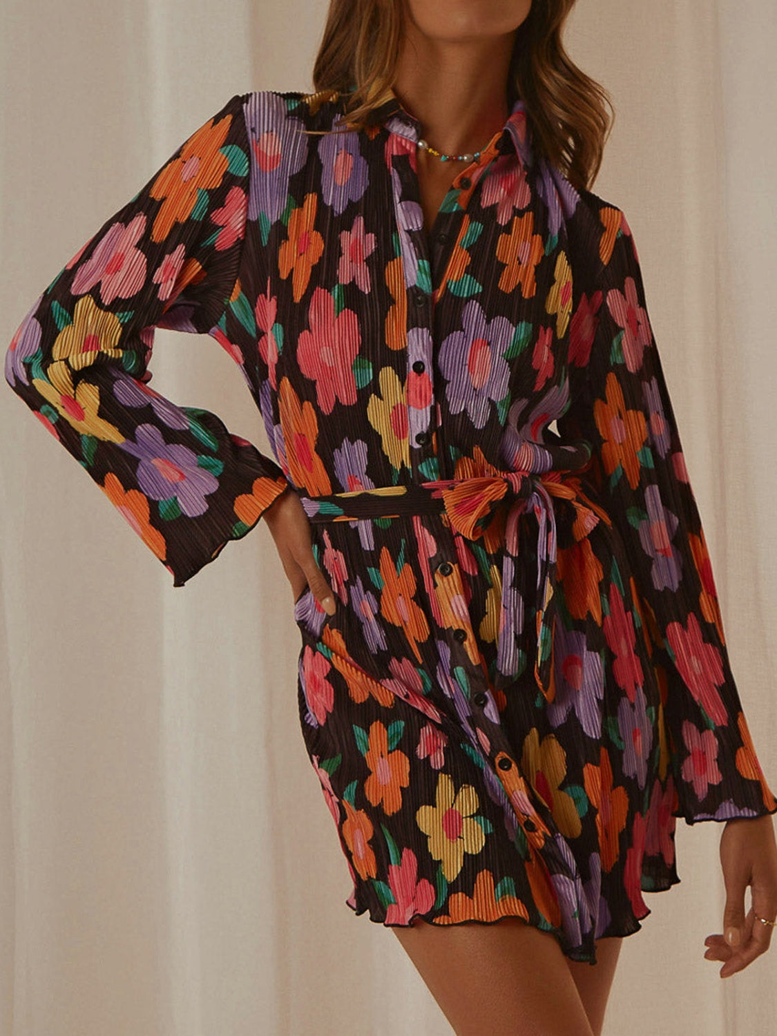 Tied Button Up Long Sleeve Dress - Classique Collection