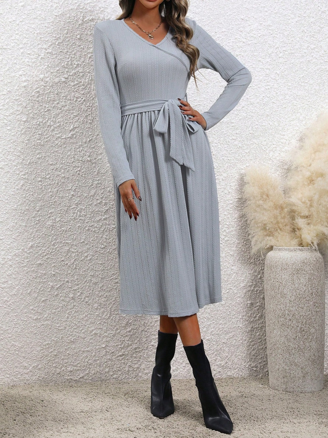 Surplice Tie Waist Long Sleeve Midi Dress - Classique Collection
