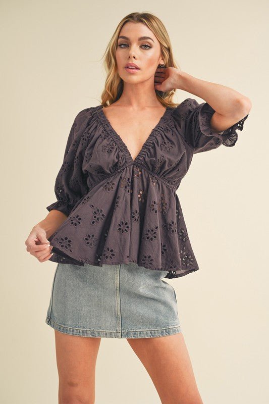 Aemi + Co Eyelet Embroidered V - Neck Half Sleeve Peplum Blouse