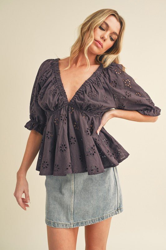 Aemi + Co Eyelet Embroidered V - Neck Half Sleeve Peplum Blouse