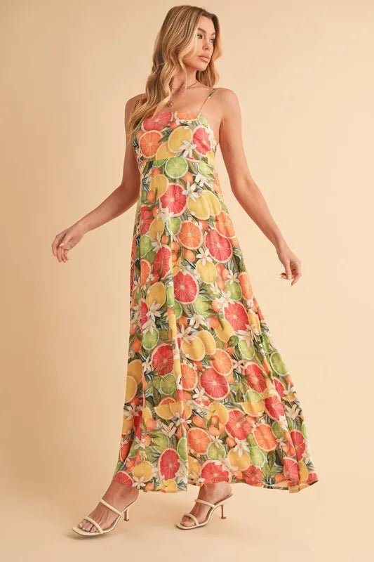 Aemi + Co Fruit Print Square Neck Maxi Cami Dress