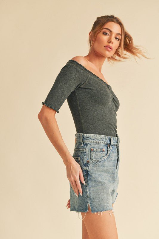 Aemi + Co Ruched Frill Off - Shoulder Half Sleeve Knit Top