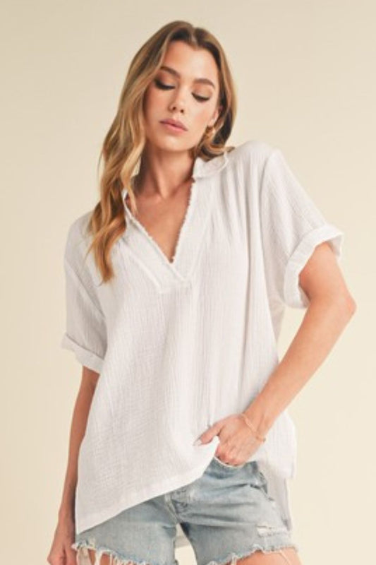 Aemi + Co Side Slit Johnny Collar Short Sleeve Cotton Gauze Blouse - Classique Collection