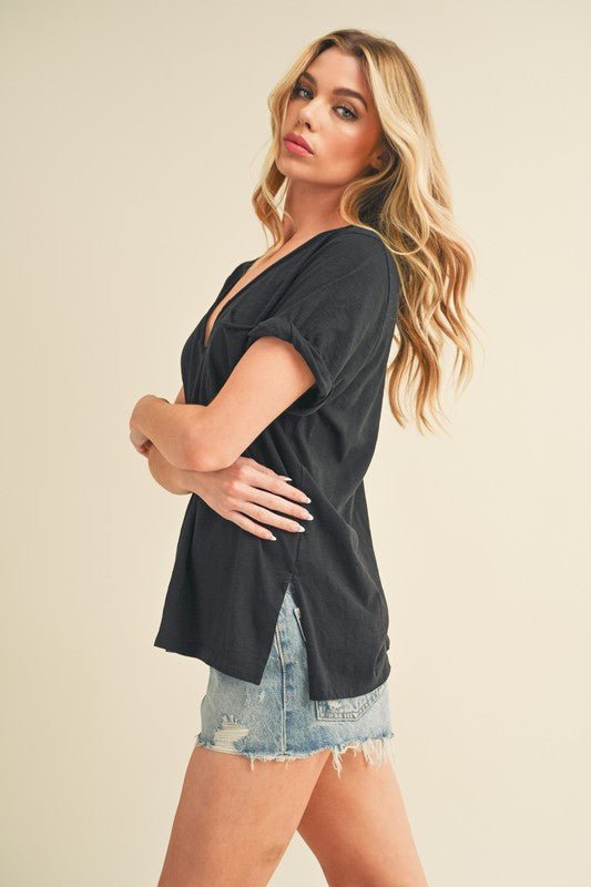 Aemi + Co Side Slit V - Neck Short Rolled Sleeve T-Shirt
