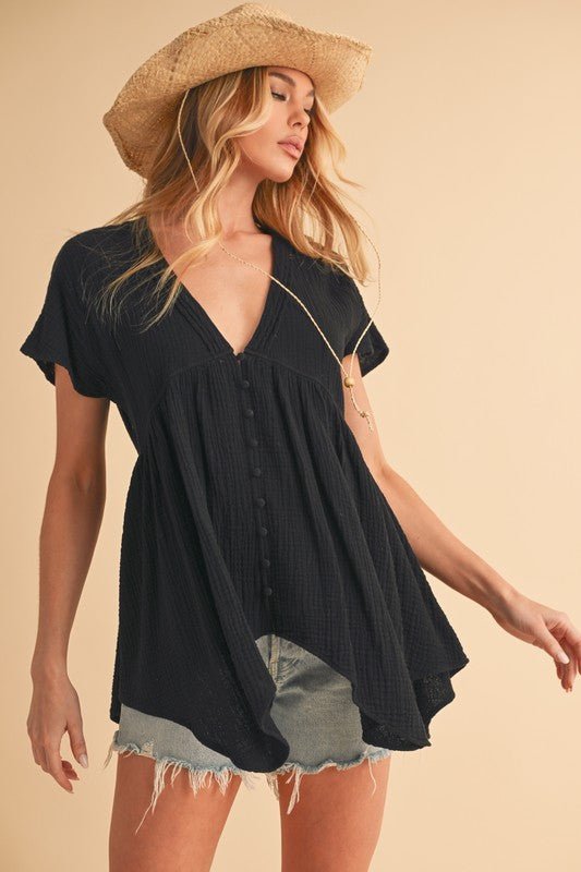 Aemi + Co Tuck Detail V - Neck Short Sleeve Blouse - ClassiQ