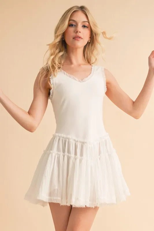 Aemi+Co Frill Sleeveless Drop Waist Mini Dress
