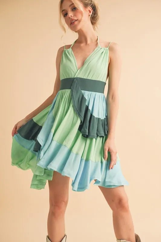 Aemi+Co Ruffled Color Block Sleeveless Mini Dress