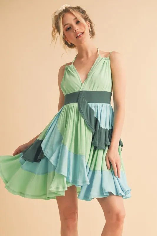 Aemi+Co Ruffled Color Block Sleeveless Mini Dress