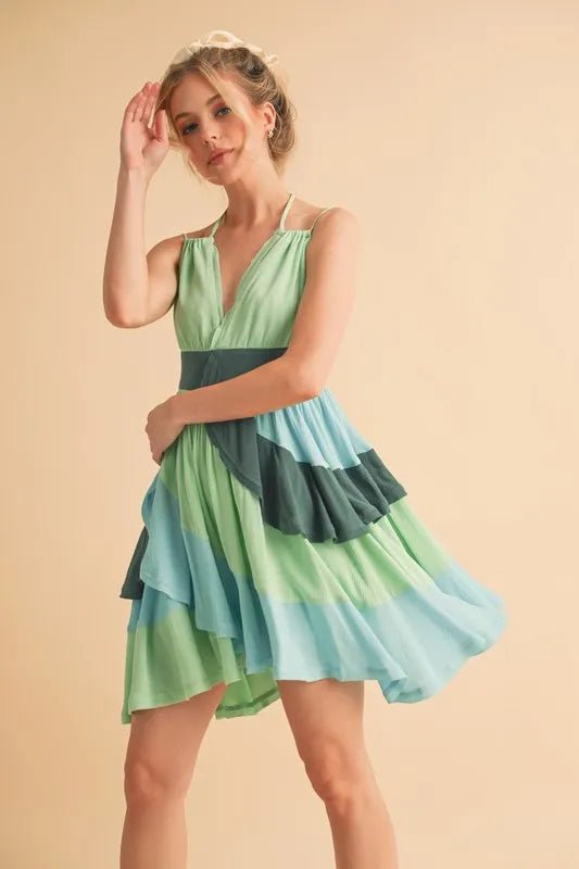 Aemi+Co Ruffled Color Block Sleeveless Mini Dress