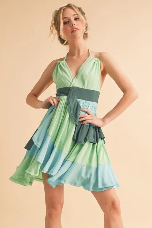 Aemi+Co Ruffled Color Block Sleeveless Mini Dress