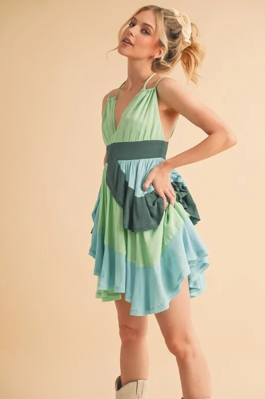 Aemi+Co Ruffled Color Block Sleeveless Mini Dress