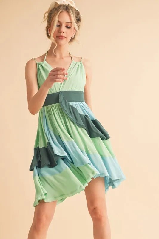 Aemi+Co Ruffled Color Block Sleeveless Mini Dress