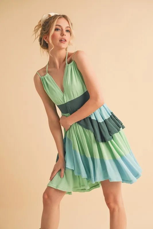 Aemi+Co Ruffled Color Block Sleeveless Mini Dress
