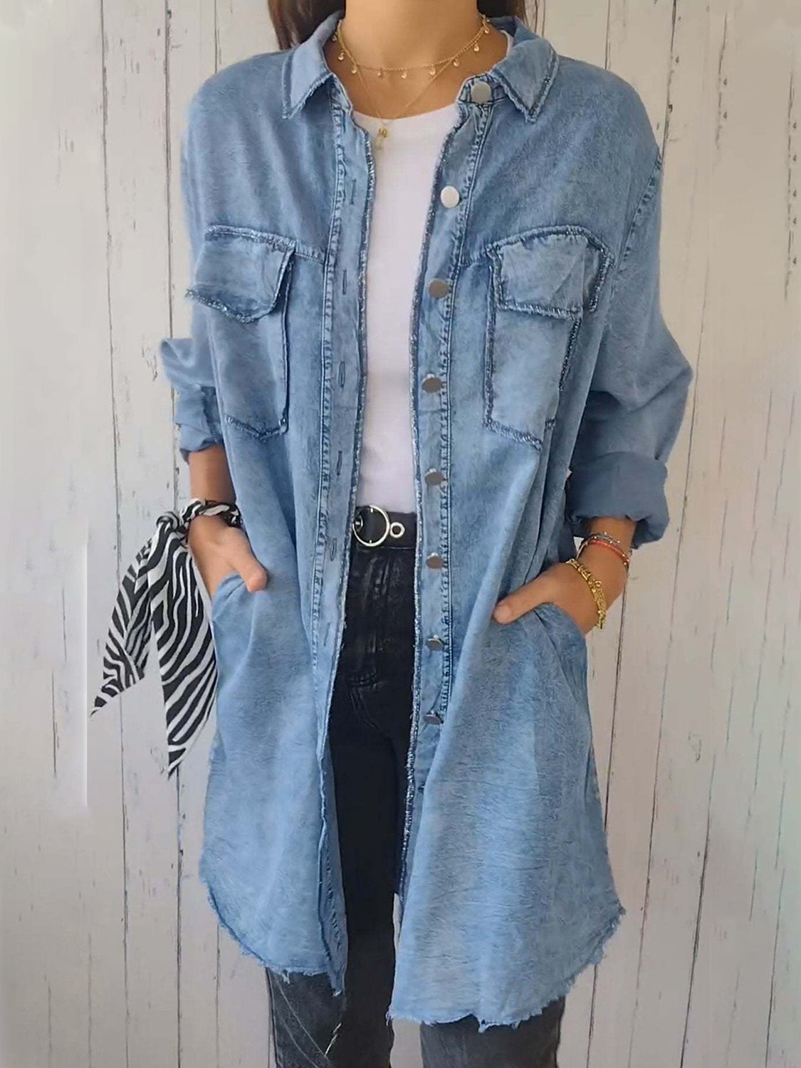 Full Size Raw Hem Button Up Long Sleeve Denim Top Plus Size - Classique Collection
