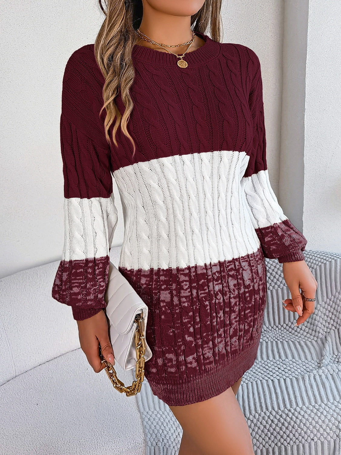 Cable-Knit Round Neck Color Block Sweater Dress - Classique Collection