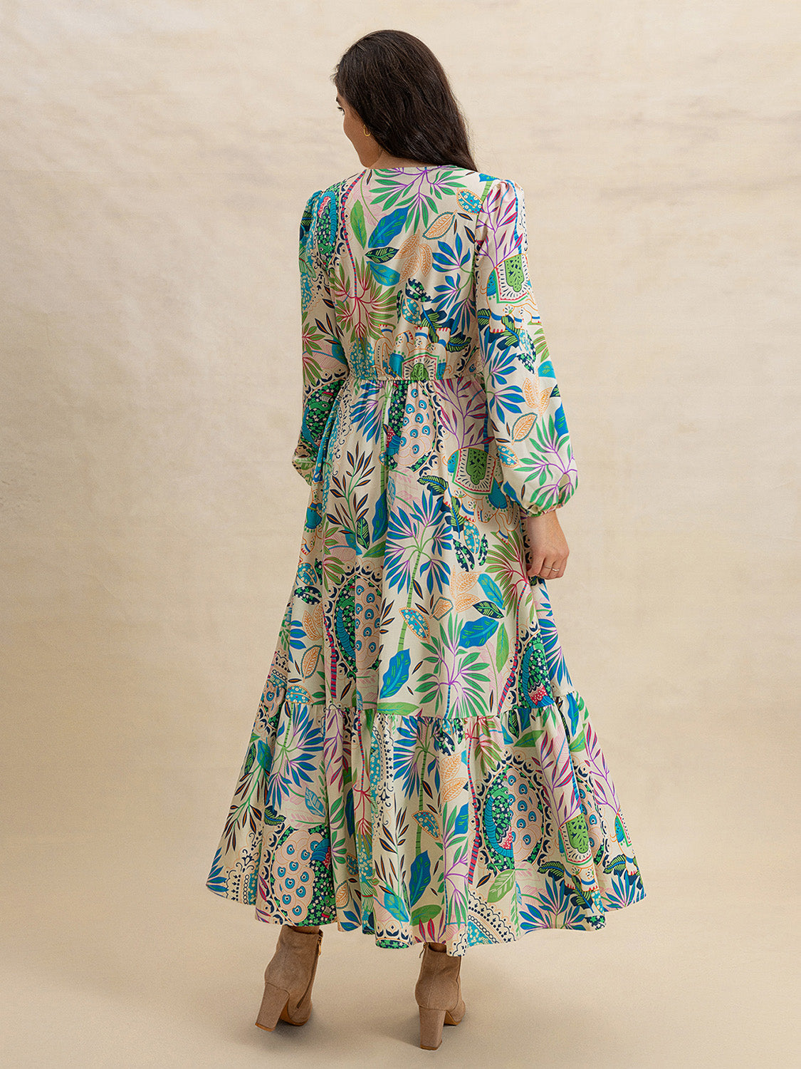 Slit Printed V-Neck Long Sleeve Midi Dress - Classique Collection