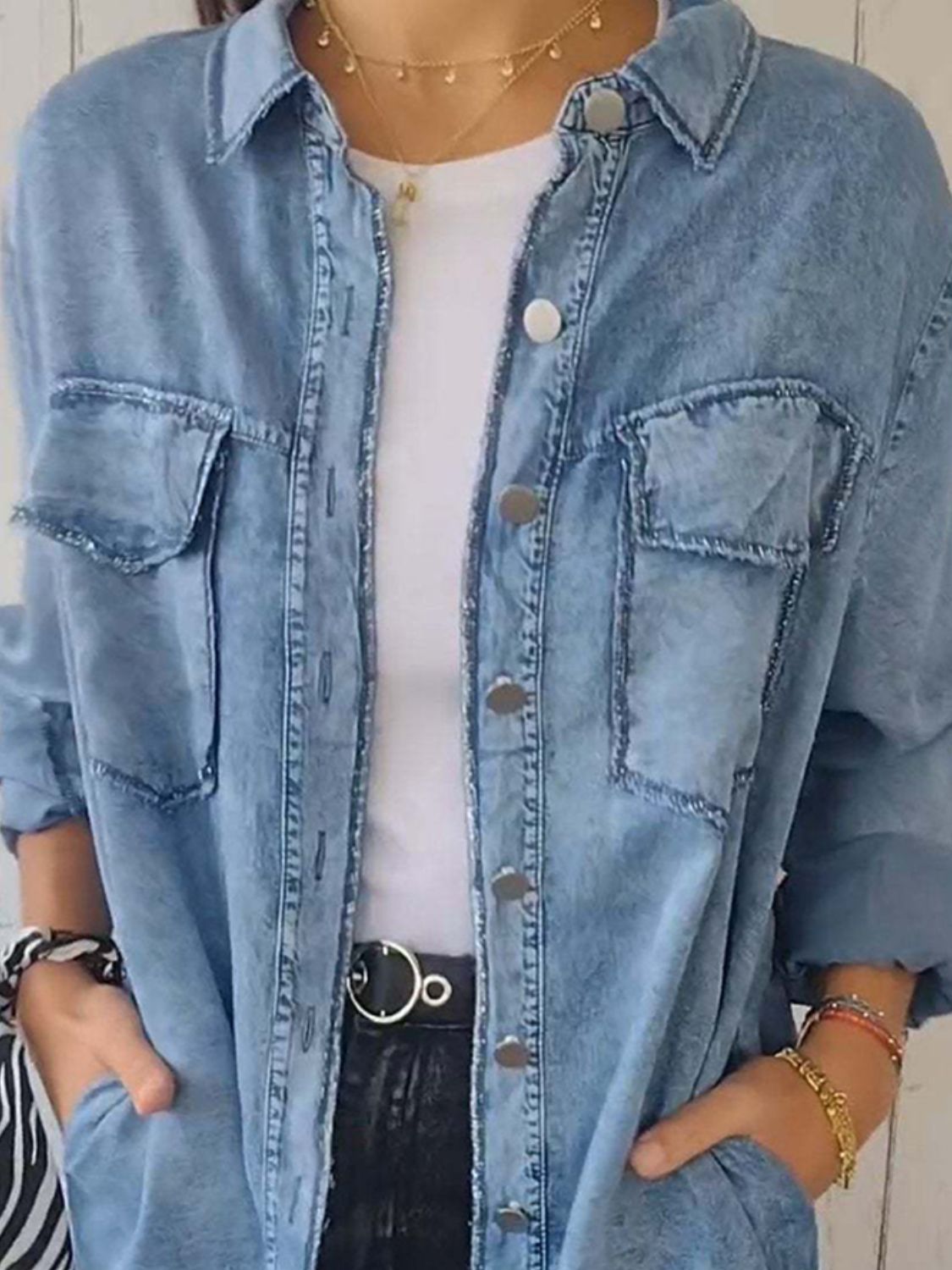 Full Size Raw Hem Button Up Long Sleeve Denim Top Plus Size - Classique Collection