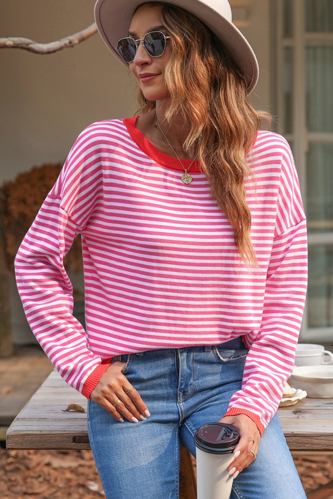 Striped Round Neck Drop Shoulder T-Shirt - ClassiQ