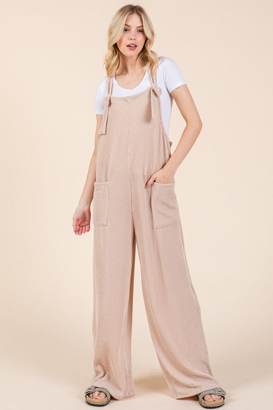 BOMBOM Knot Straps Wide Leg Ribbed Overalls with Pockets - ClassiQ