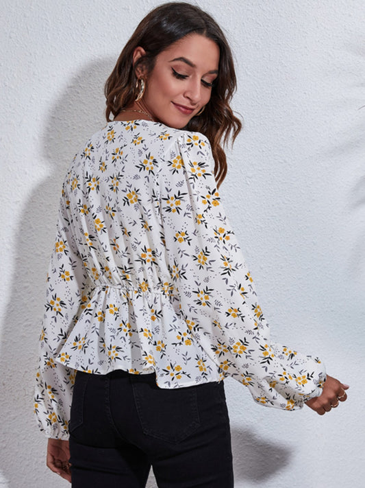 Floral V-Neck Balloon Sleeve Peplum Blouse - ClassiQ