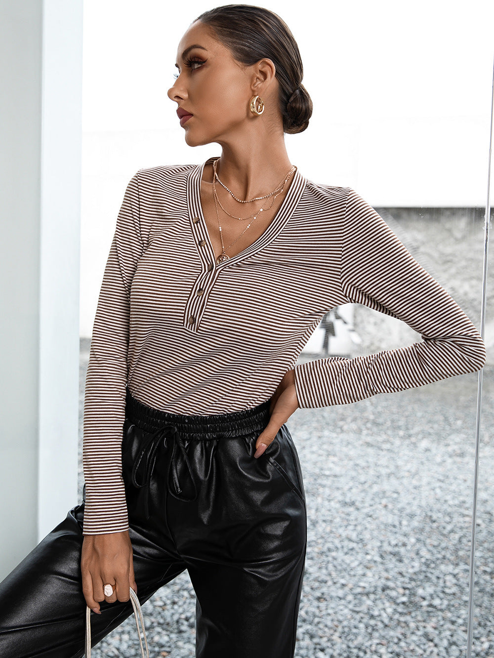 Ivy Lane Striped Buttoned V-Neck Long Sleeve Top - ClassiQ