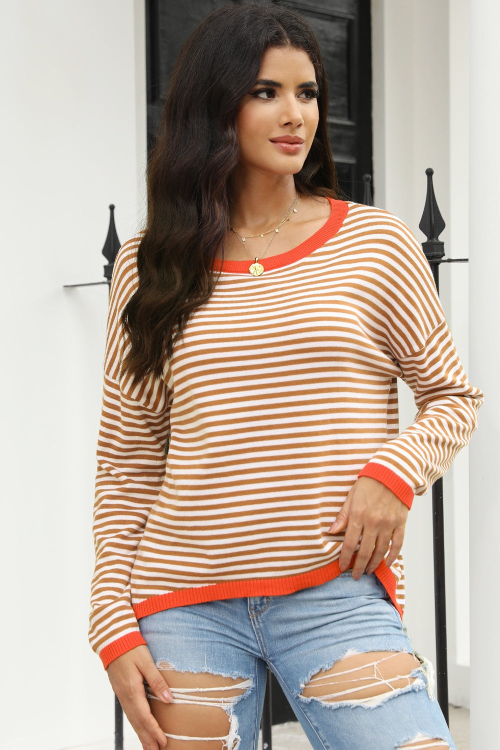 Striped Round Neck Drop Shoulder T-Shirt - ClassiQ