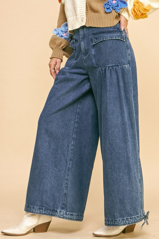 Davi & Dani Drawstring Hem Wide Leg Mid Rise Jeans - Classique Collection