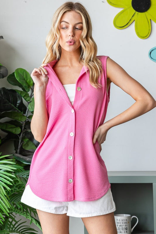Heimish Full Size Texture Button Up Sleeveless Top - Classique Collection
