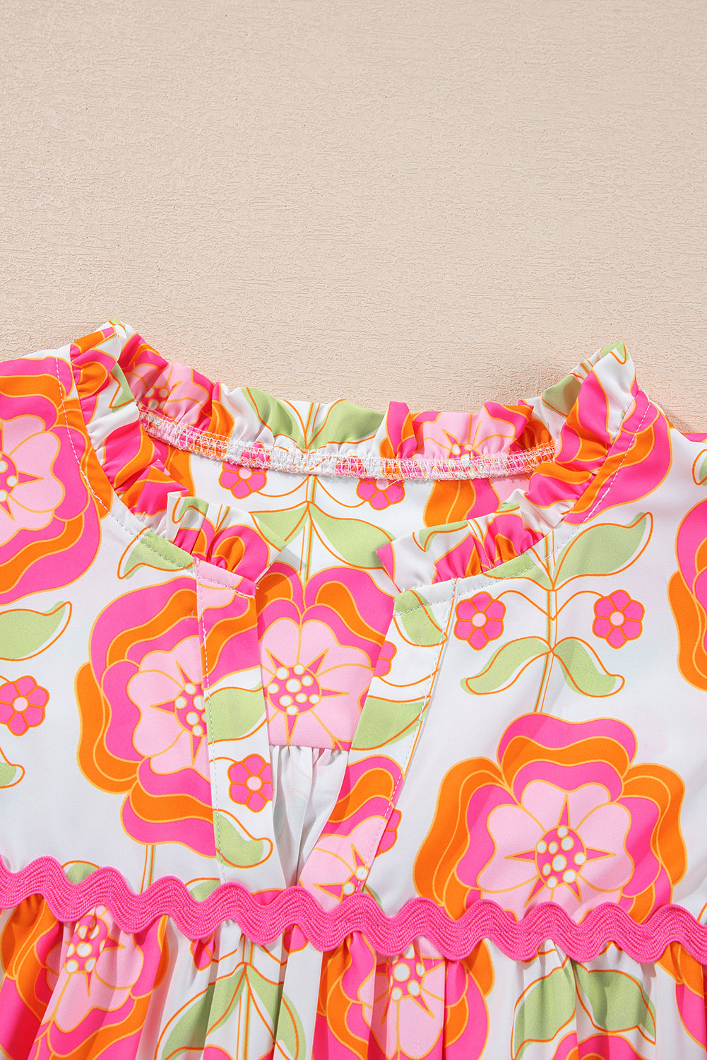 Rose Boho Floral Print Ricrac Ruffle Sleeve Blouse - ClassiQ