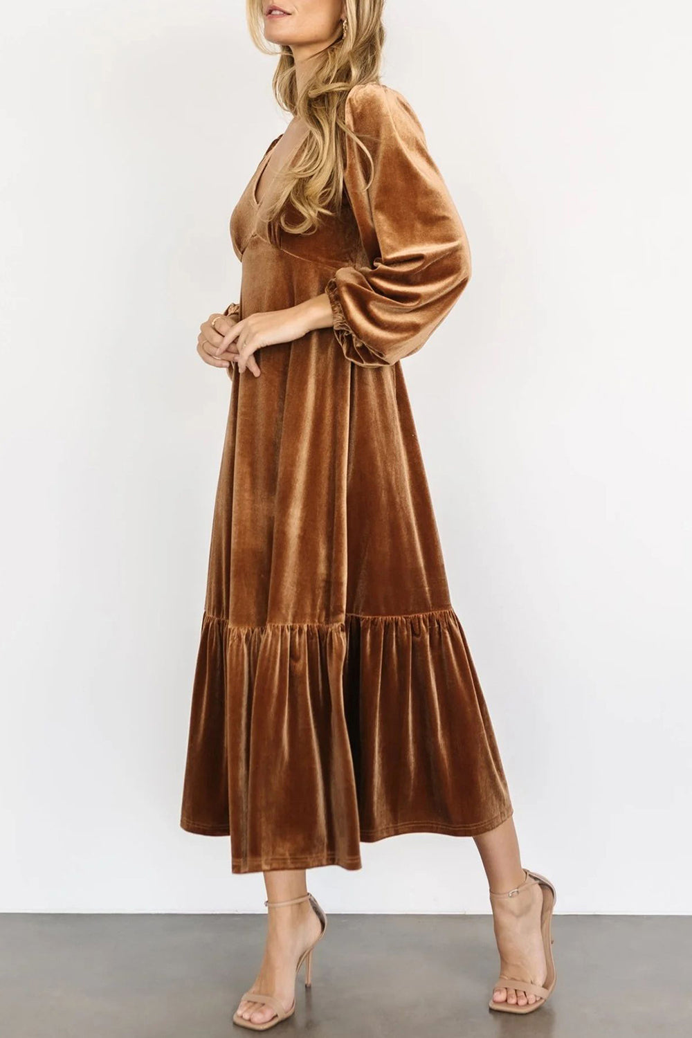 V-Neck Long Sleeve Midi Velvet Dress - Classique Collection
