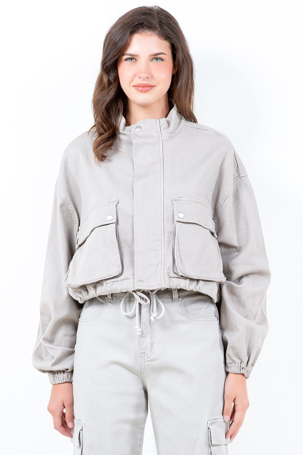 American Bazi Full Size Drawstring Hem Cargo Pocket Cropped Worker Jacket Plus Size