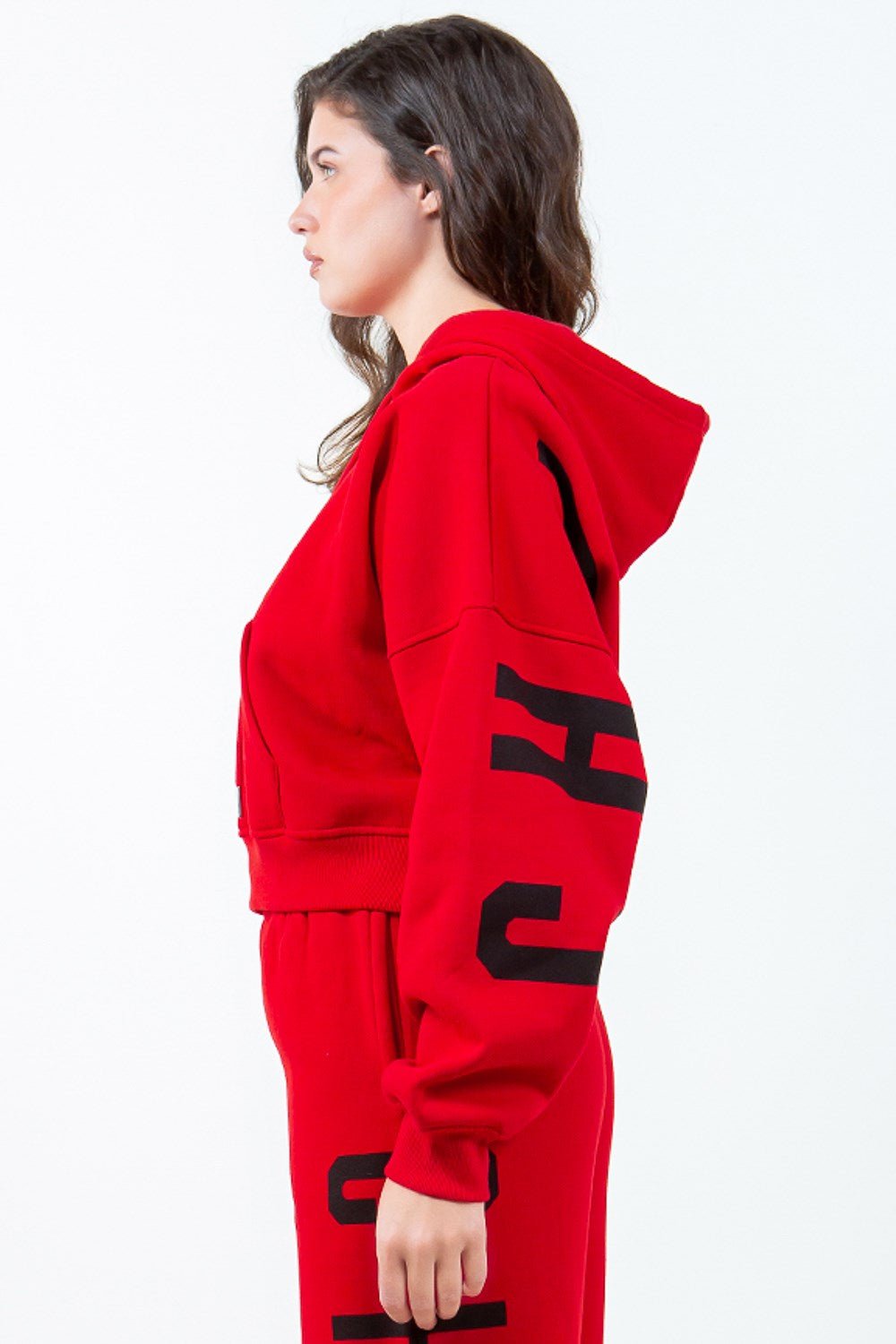 American Bazi Letter Graphic Long Sleeve Drawstring Cropped Hoodie