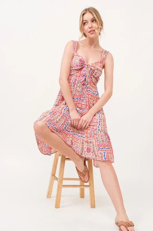 And The Why Tied Front Smocked Back Tiered Boho Printed Dress