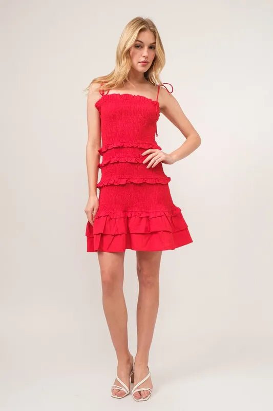 And The Why Tied Straps Ruffled Smocked Dress