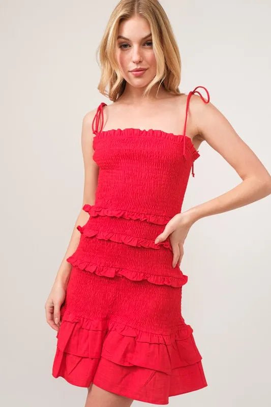And The Why Tied Straps Ruffled Smocked Dress