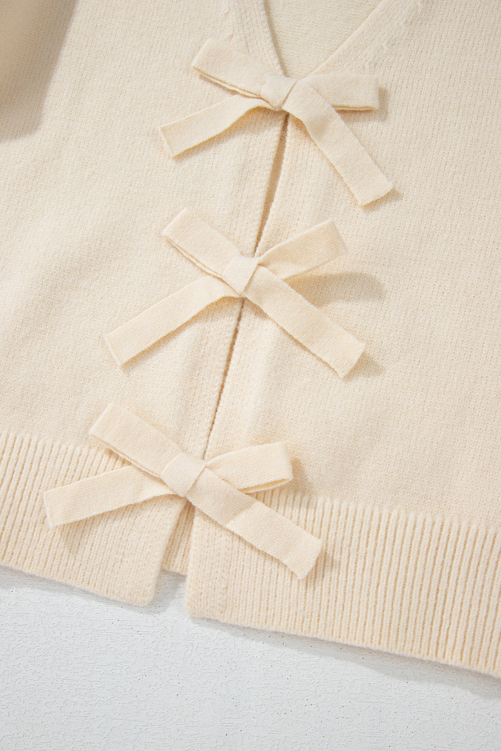 Bowknot Front V Neck Long Sleeve Cardigan - ClassiQ