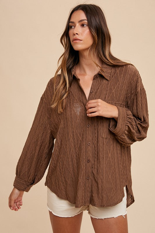Annie Wear Openwork Button Down Drop Shoulder Shirt - ClassiQ