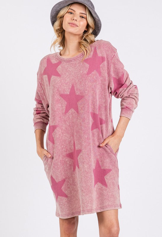 SAGE + FIG Washed Star Print Round Neck Dress - Classique Collection