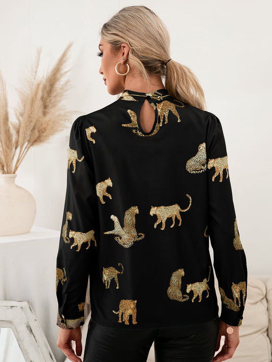 Ivy Lane Leopard Graphic Mock Neck Puff Sleeve Blouse - Classique Collection