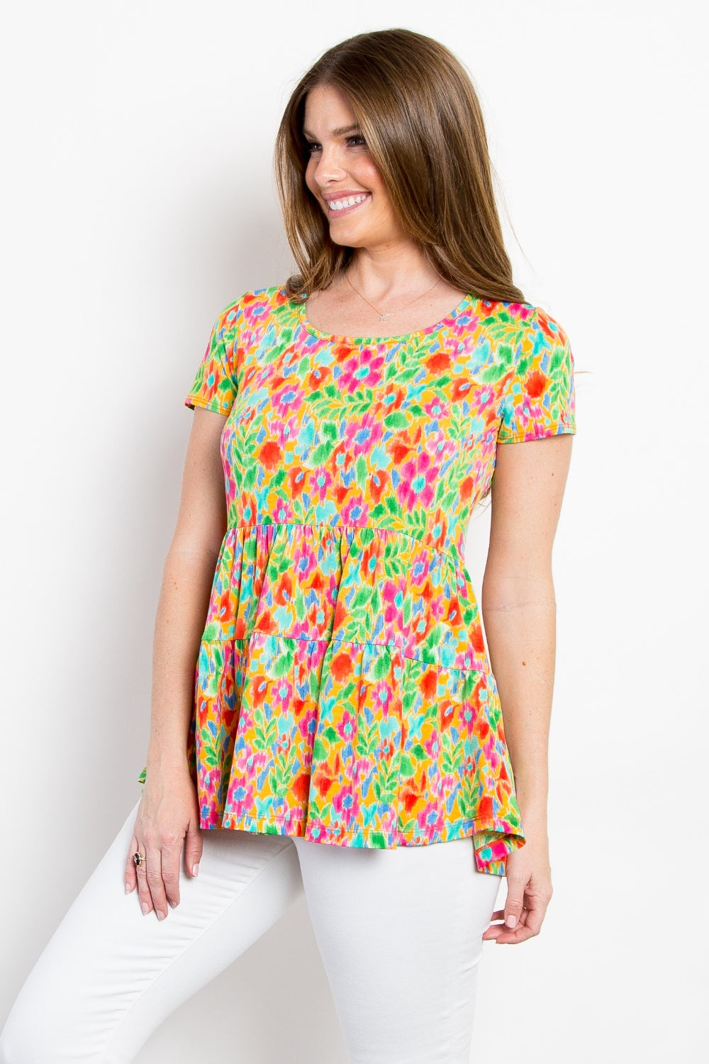 Be Stage Floral Short Sleeve Babydoll Top - Classique Collection