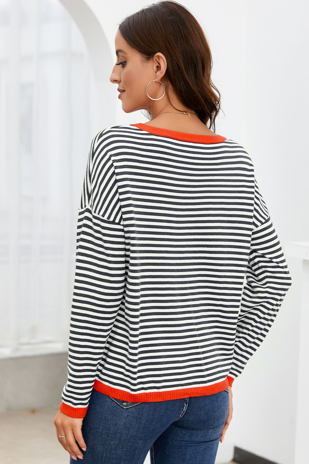 Striped Round Neck Drop Shoulder T-Shirt - ClassiQ