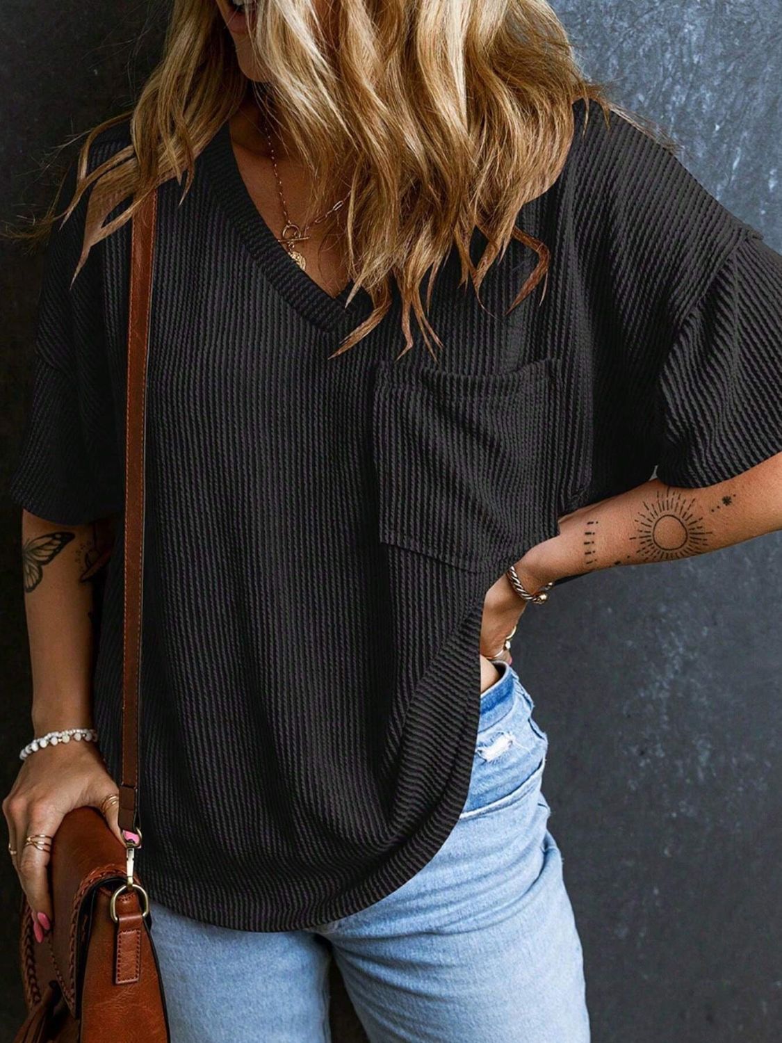 Textured V-Neck Half Sleeve T-Shirt - Classique Collection