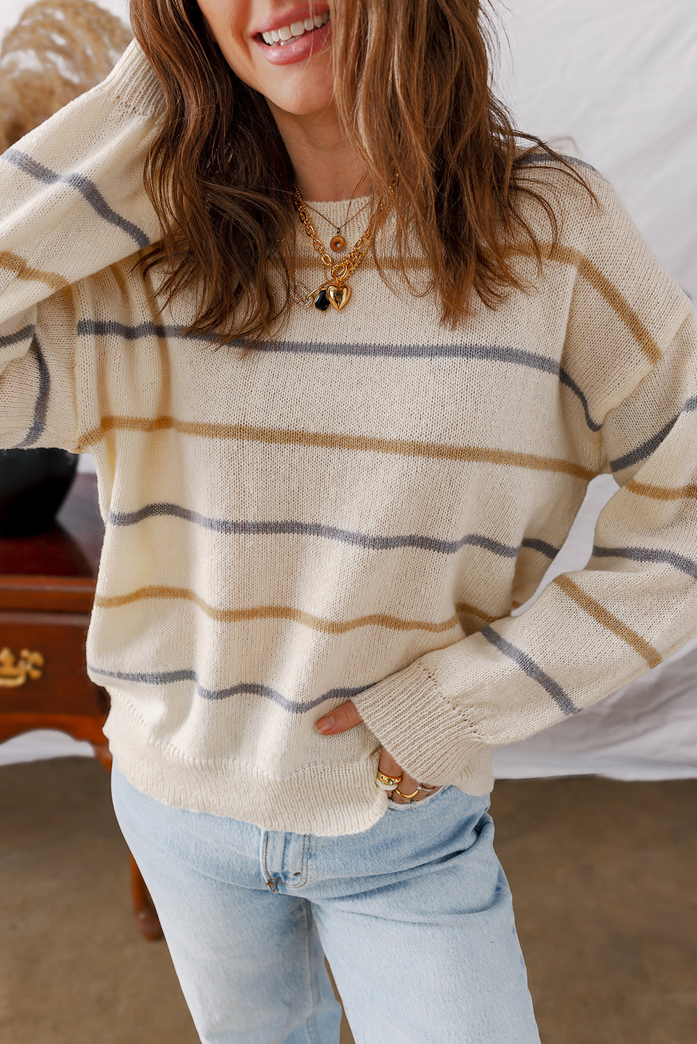 Brown Striped Ribbed Edge Drop Shoulder Sweater Shewin