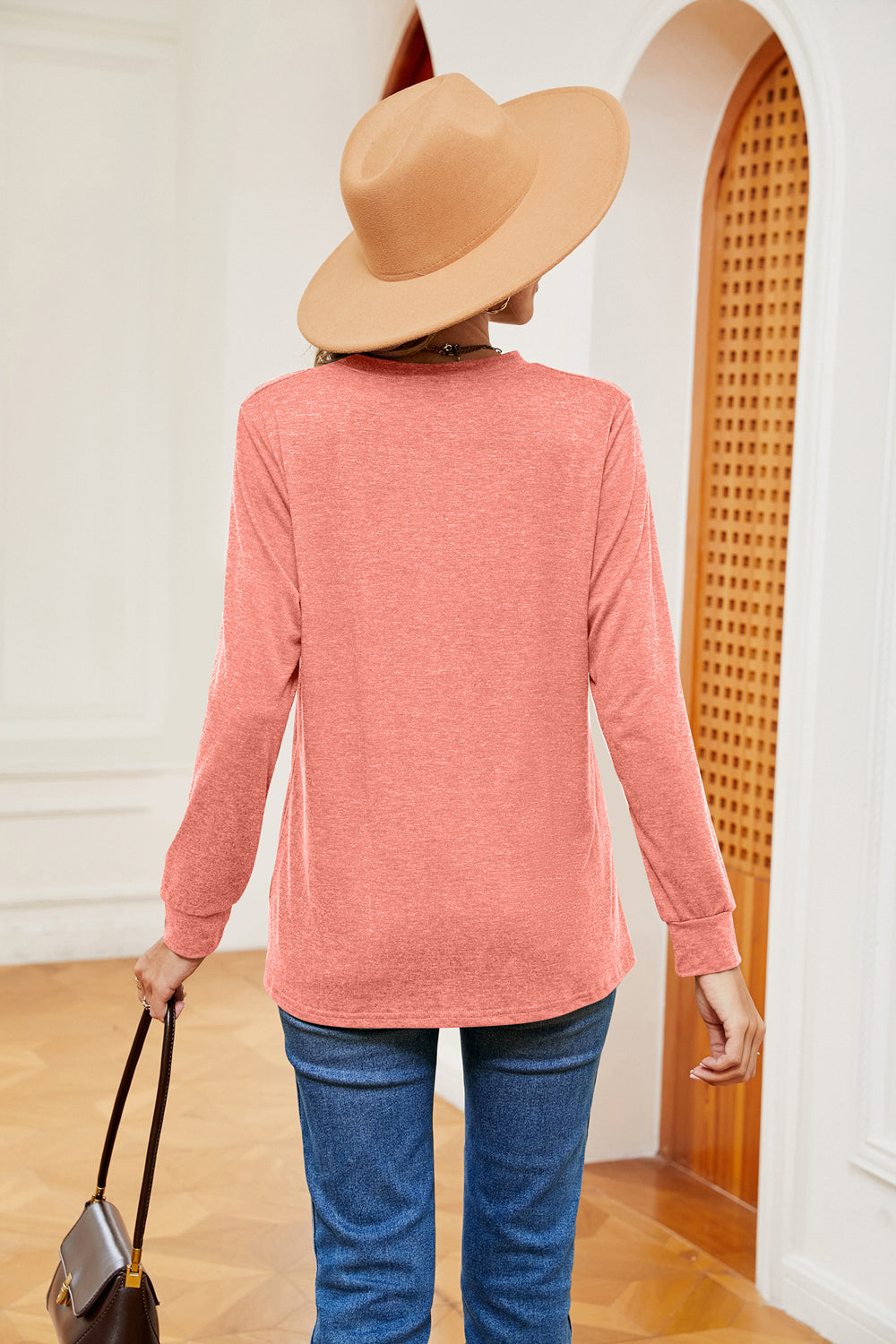 Buttoned Notched Neck Long Sleeve Top - Classique Collection