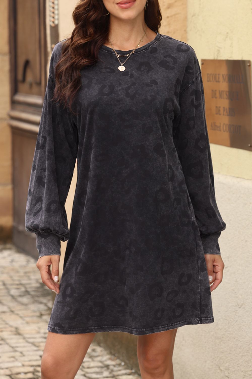Leopard Round Neck Long Sleeve Dress - Classique Collection
