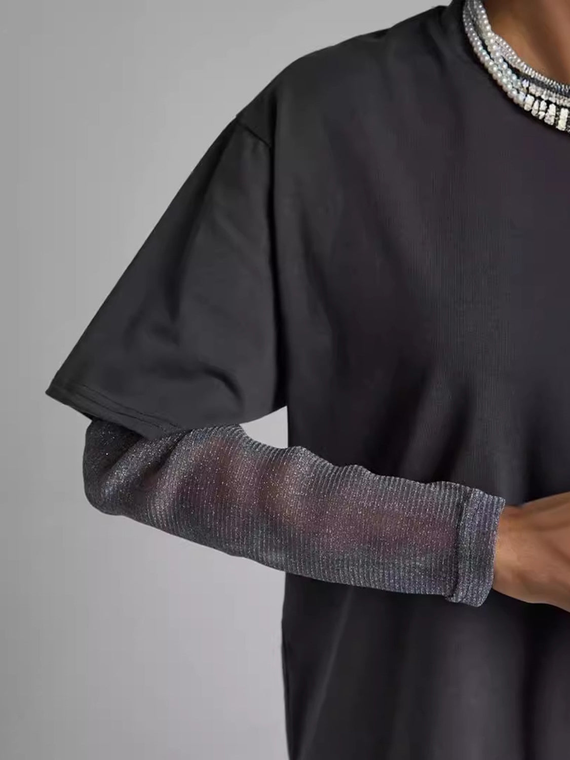 Faux Layered Round Neck Mesh Sleeve Top - Classique Collection